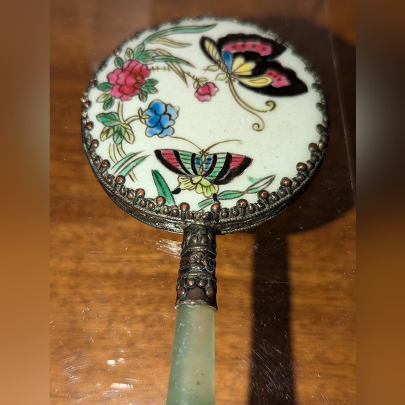 Butterfly Purse size Hand Mirror With Ornate Trim and Green Handle - Picture 8 of 9